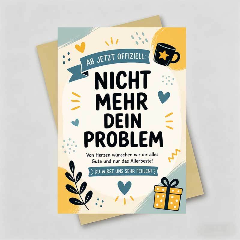 TEMU 1 Greeting Card And 1 Envelope German Farewell Card, Funny Goodbye Message With Hearts And Gift, "ab Jetzt Offiziell Nicht Mehr Dein Problem",