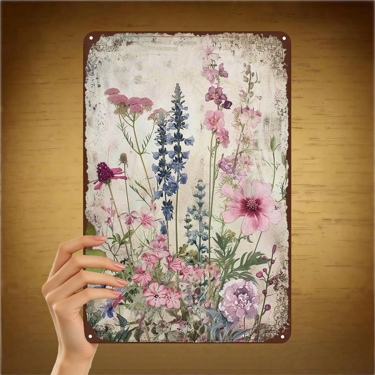 TEMU 2d Flat, 2d Flat 1pc, Vintage Floral Wall Decor - Rustic Pink And Purple Wildflowers Metal Sign 8Ã12 Inch, 2d Flat
