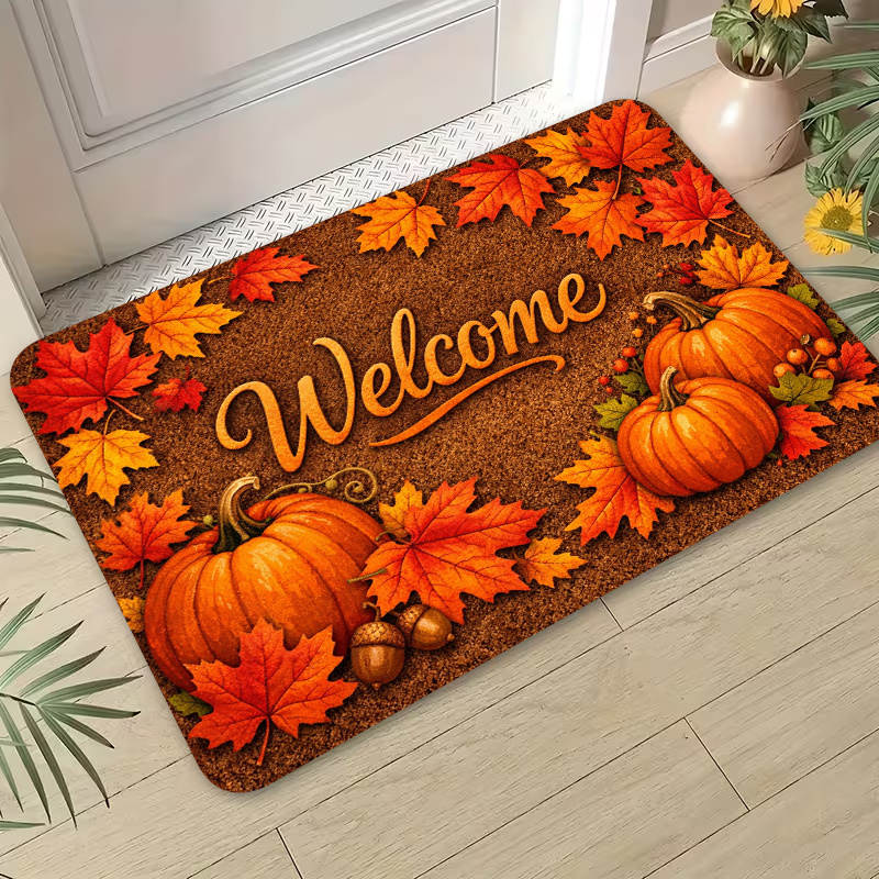 TEMU 2d Flat Printing 1pc Autumn Pumpkin Maple Leaf Welcome Door Mat, Machine Washable, Carpet, Suitable For Home And Outdoor Decor, Suitable For