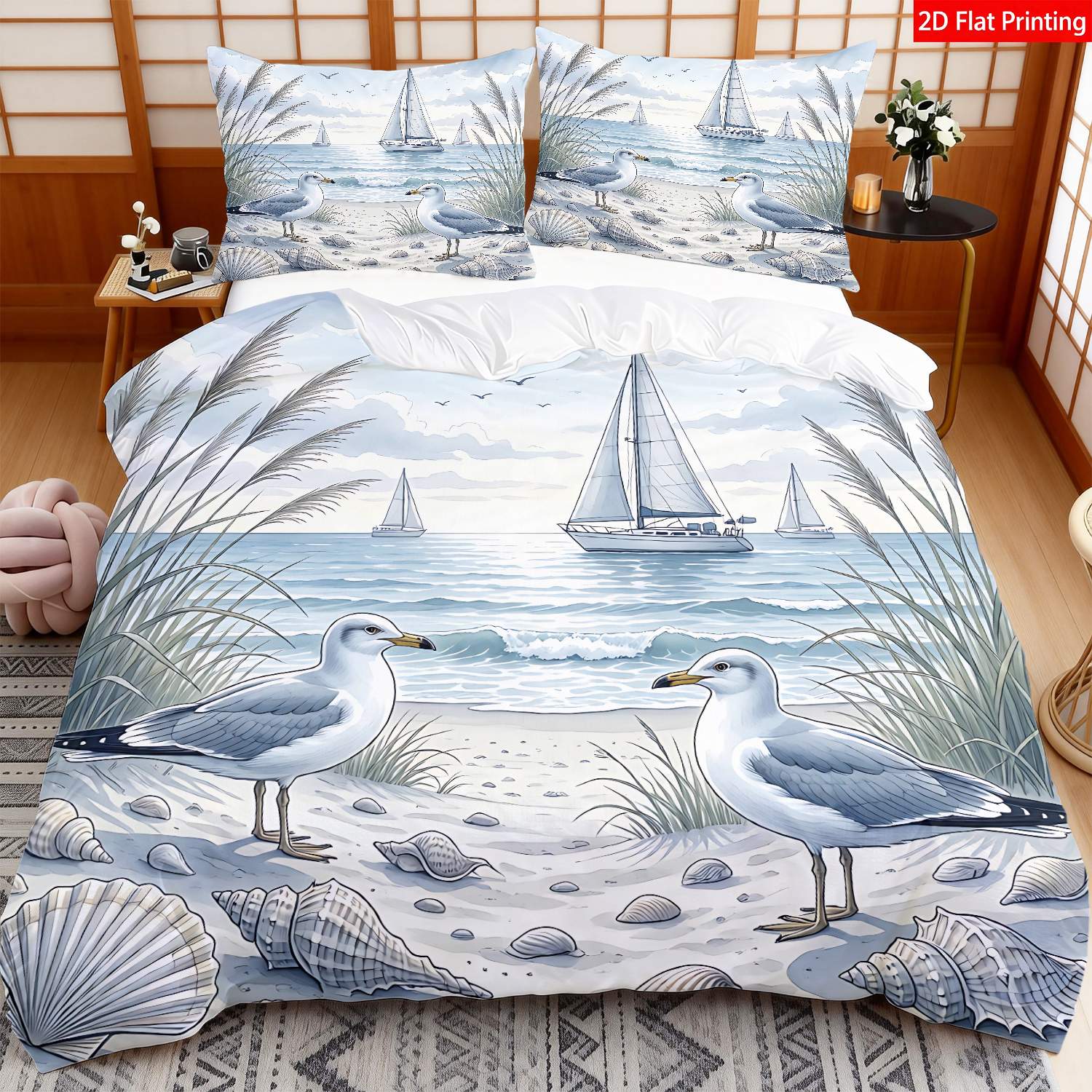 TEMU 2/3pcs 2d Flat Printing Seaside Theme Quilt Cover Bedding Blue Seagull Sailboat Shell Print Suitable For Occasions (1 Duvet Cover And 1/2