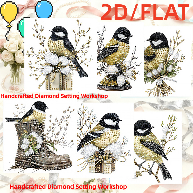 TEMU 6pcs Handmade Diamond Painting & Greeting Card Combo - Winter Finch Mosaic Art Suitable For Christmas, Birthdays, New Year Gifts, Crystal