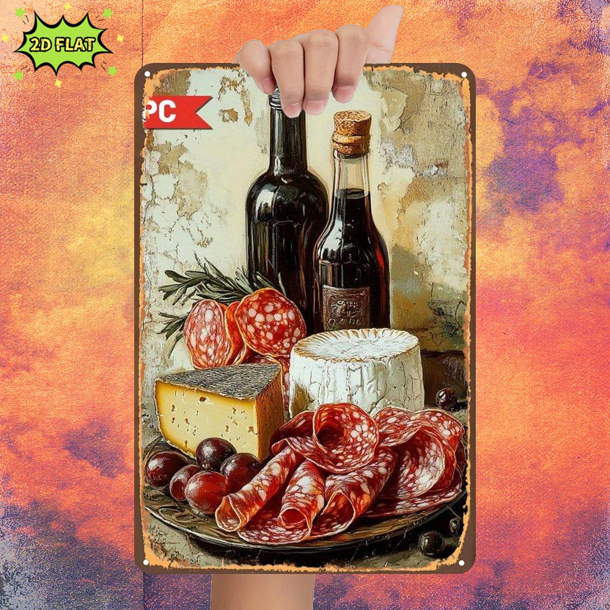 TEMU 2d Flat 1pc, A Rustic Still Life Of : Cheese, , Olives, And Wine, Metal Lron Sign, Size(8"x12"/20cm*30cm) Decorative