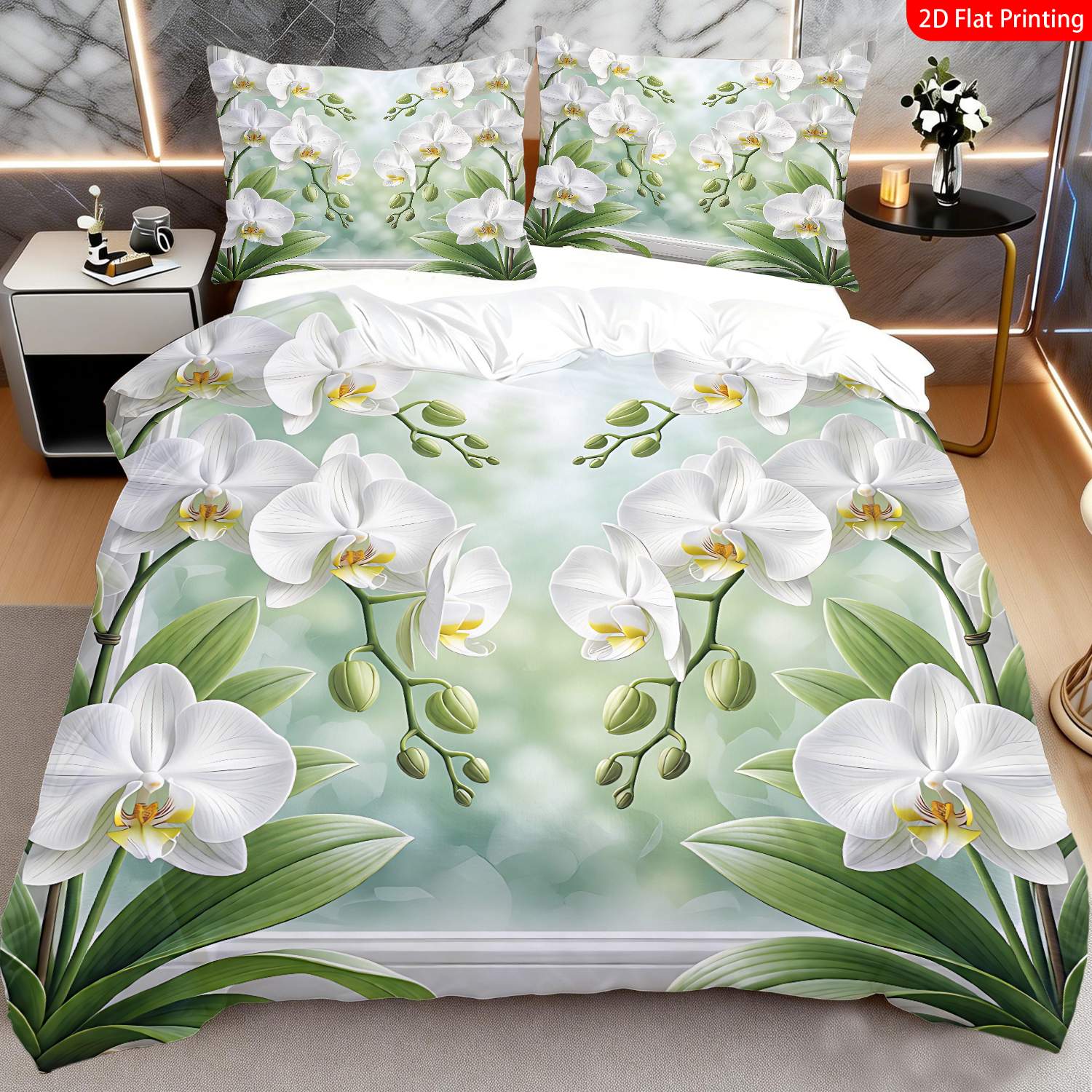 TEMU 2pcs/3pcs Elegant Bedspread Suitable For Occasions - Realistic White Orchid & Green Leaf Print Quilt Cover With Pillowcases, Brushed Bedding