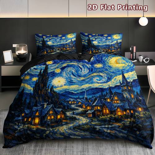 set copripiumino 3 pezzi 2d flat starry night village, texture ispirata a van , tema , poliestere traspirante, per , lavabile in lavatrice, , senza per biancheria da letto (1 copripiumino e 2 federe)