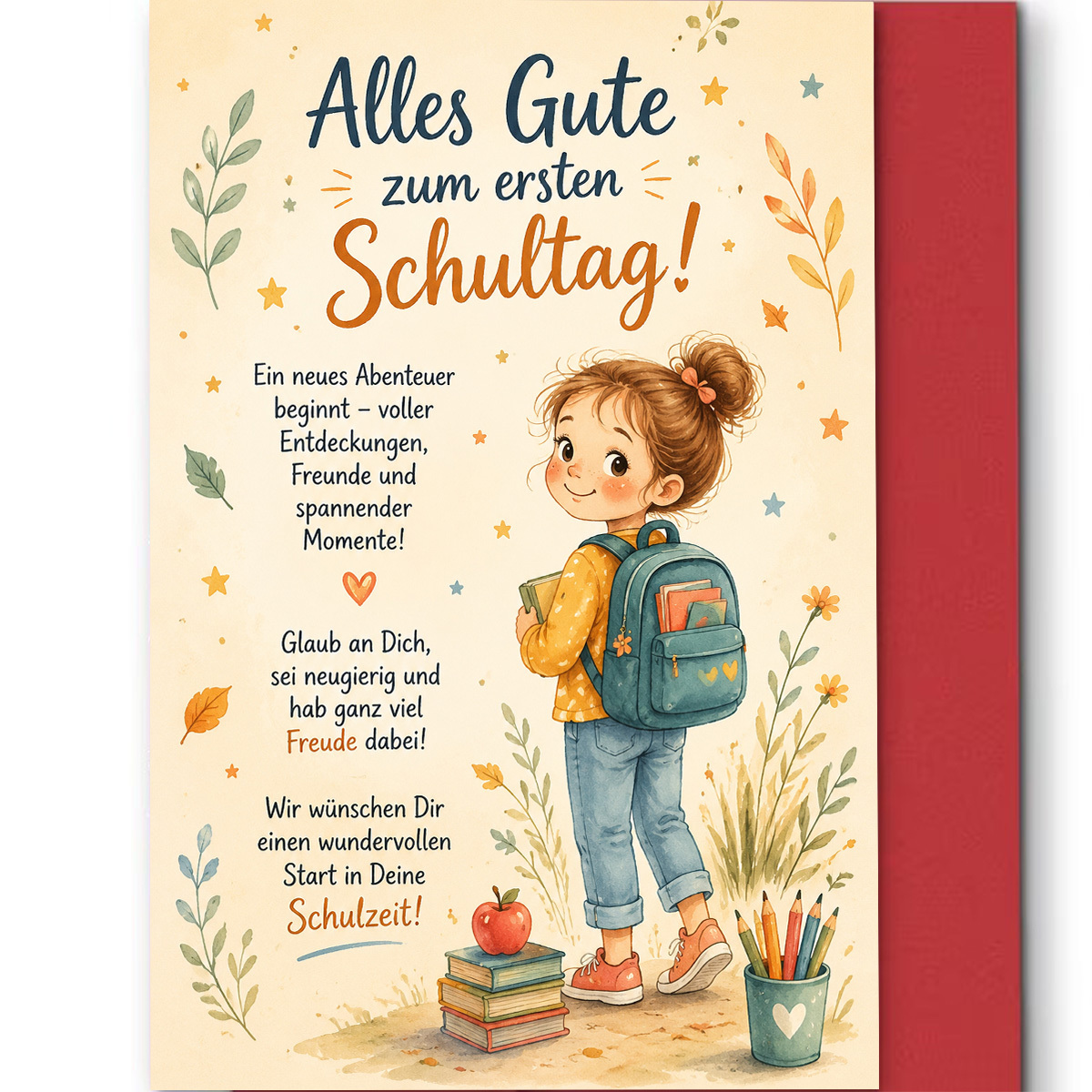 Image of 1set(a Greeting Card And A Envelope.) Cute Schoolgirl First School Day Greeting Card, For Day Of School Text, To School Scene, Suitable For Students And Teachers, High Quality Paper, Red Or Optional