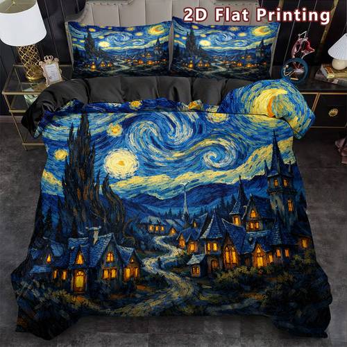 immagine dell'articolo set copripiumino 3 pezzi 2d flat starry night village, texture ispirata a van , tema , poliestere traspirante, per , lavabile in lavatrice, , senza per biancheria da letto (1 copripiumino e 2 federe)