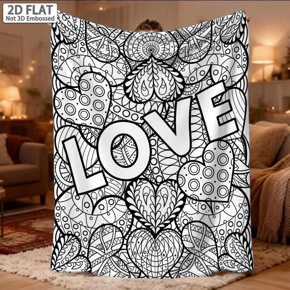 TEMU 1pc Heart-patterned Coloring Blanket Suitable For Travel, Camping, And Home Use-lightweight, Portable, Soft, And Warm Flannel Bedspread With