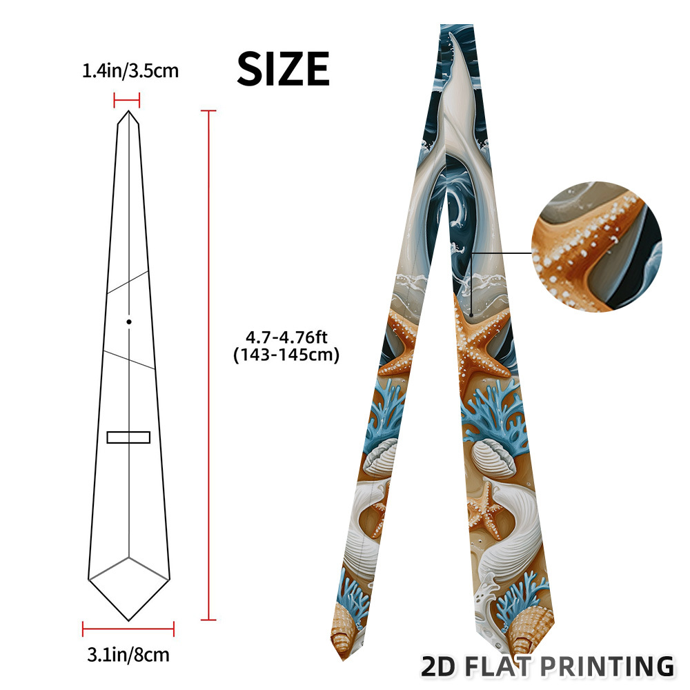 TEMU 1pc Men' Ocean Beach Starfish Print Tie - Lightweight Suitable For Formal Events, Lightweight Suitable For Daily Wear, Nautical Themed Necktie