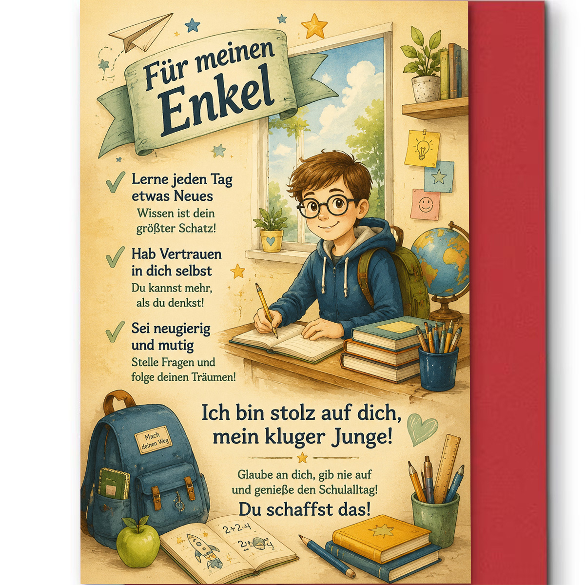Image of 1set(a Greeting Card And A Envelope.) Cute Back To School Grandson Greeting Card, German Text For My Grandson Of You My Clever Boy Believe In Yourself And , Ideal For Grandson, High Quality Paper