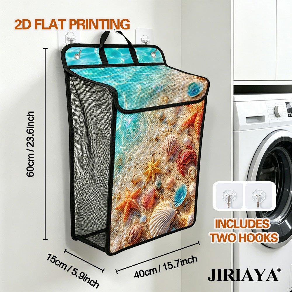 TEMU 1pc Jiriaya Wall-mounted Laundry Basket With Lid - Large Foldable Hanging Hamper Suitable For Apartment, Dorm & Bedroom, Space- Seashell &