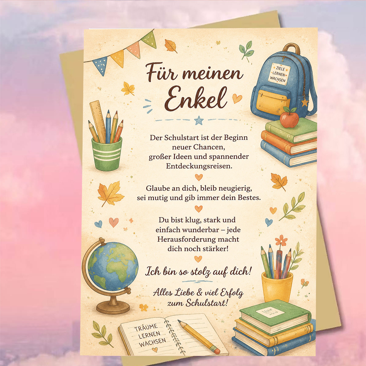 TEMU 1 Set (eine Grußkarte ein Umschlag). Aquarell-Grußkarte „Schulanfang“ für den Enkel, Schulanfangs-Festtagsgrußkarte, mit deutschem Text „Für