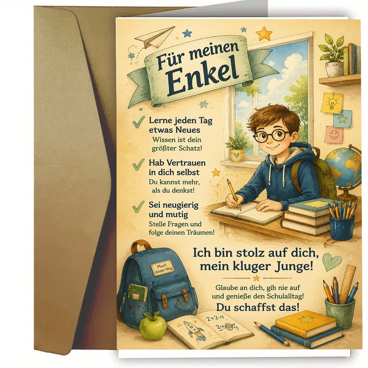1set(a Greeting Card And A Envelope.) Cute Back To School Grandson Greeting Card, German Text For My Grandson Of You My Clever Boy Believe In Yourself And , Ideal For Grandson, High Quality Paper