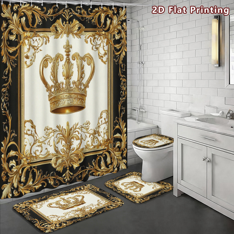 TEMU 2d Flat, 2d Flat, 2d Flat 4pcs Shower Curtain Set, Black And Golden Ornate Crown Bathroom Decor, Additions With, U-shaped, Toilet Lid Cover,