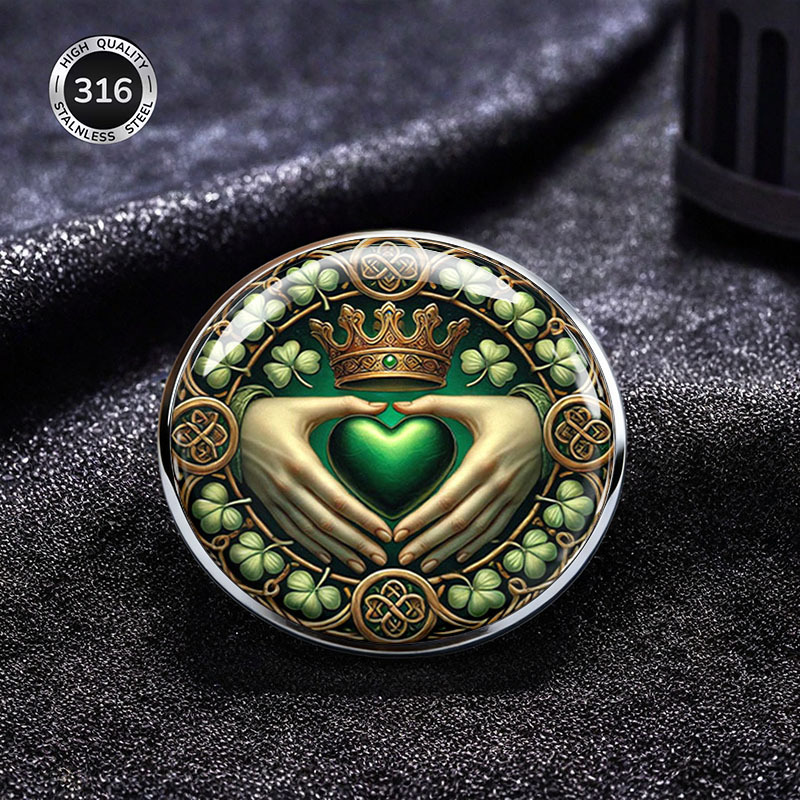 TEMU Celtic Heart Brooch With Crown Clover Design Stainless Steel Pin For Backpack Clothing Accessories Irish Traditional Jewelry Gift For Women Men