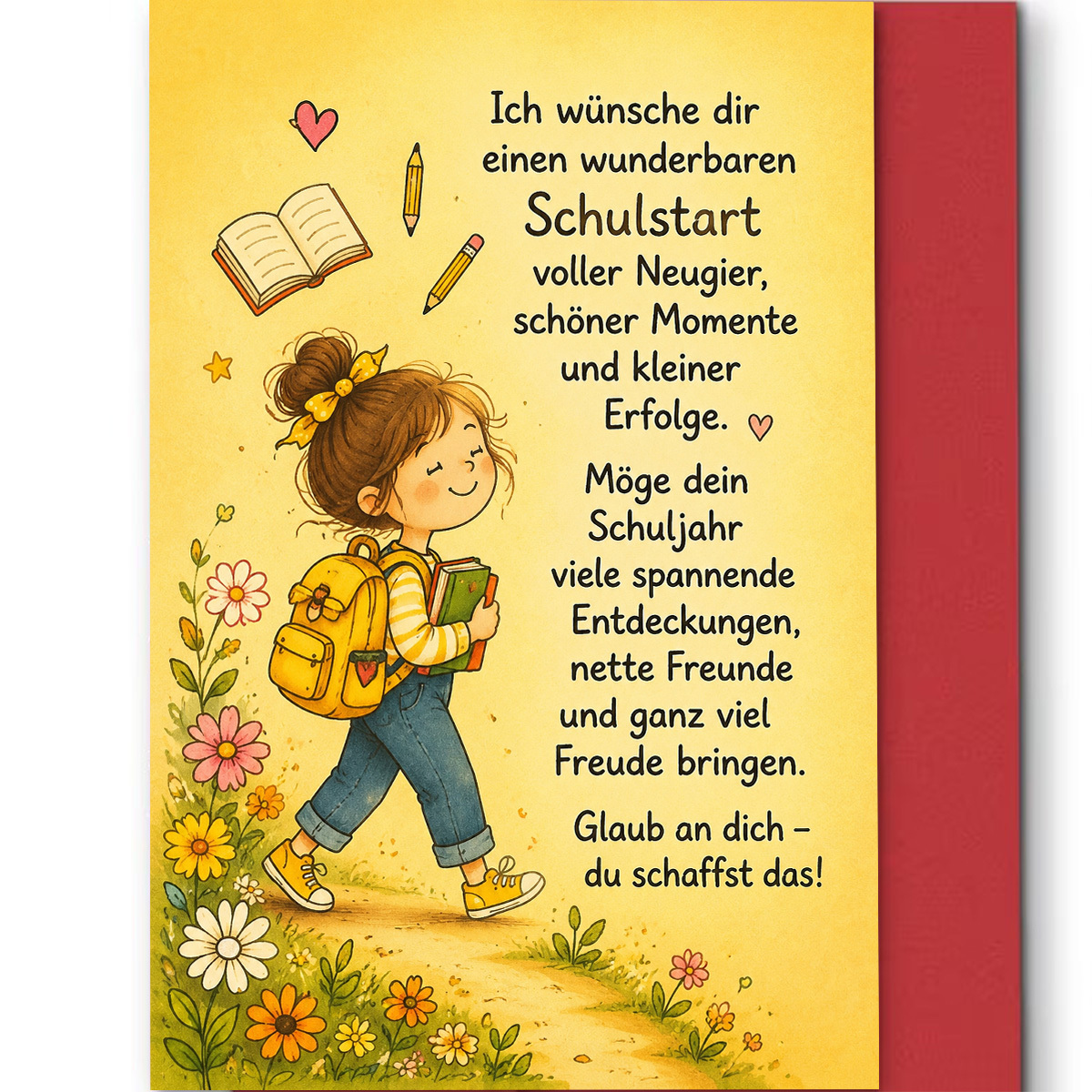 TEMU 1 Set (eine Grußkarte ein Umschlag) Niedliche Schulanfangs-Grußkarte zum Schulstart, deutscher Text inspiriert von einem fröhlichen Mädchen mit
