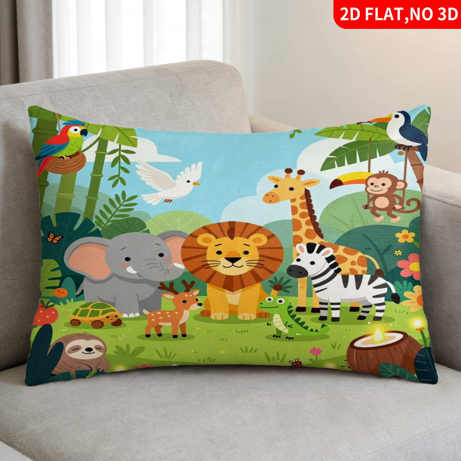 TEMU 1pc Pillowcase (pillow Inserts Not Included) 2d Flat Print Jungle Animal Theme Blue Green Color Lion Elephant Giraffe Zebra Monkey Pattern Ideal