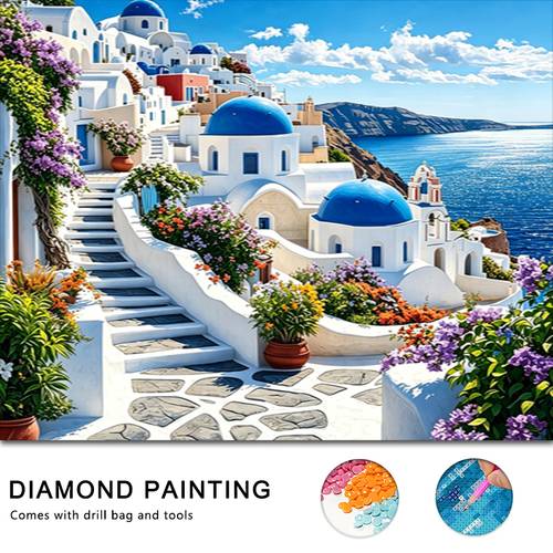 a set of santorini scenery 5d diy diamond painting kit a large sized adult diy 5d diamond painting set suitable for beginners with round diamond mosaic craft a kit frameless wall art for