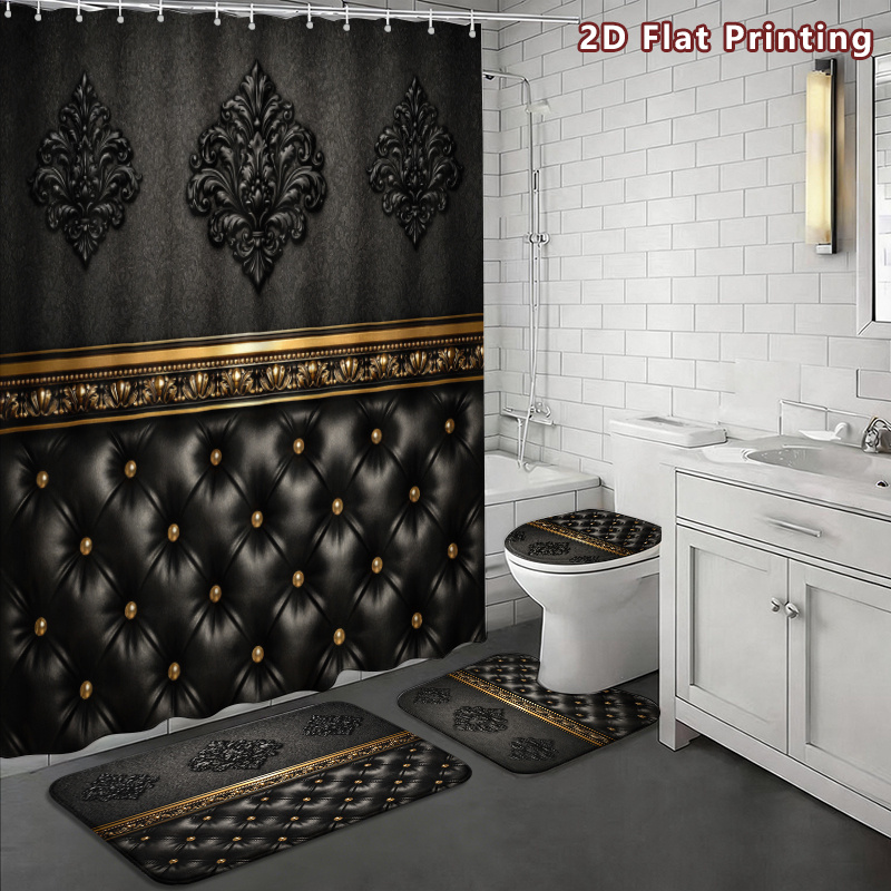 TEMU 2d Flat, 2d Flat 4pcs Baroque Shower Curtain Set, Black And Golden Ornate Pattern Bathroom Decor, Accessories With Bath Mat, U - Shaped Mat,