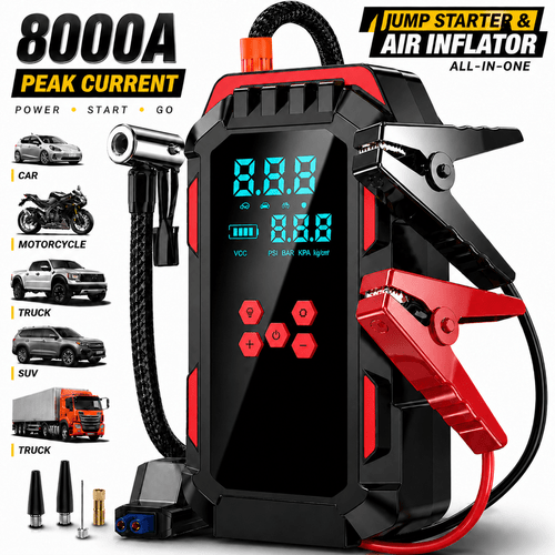 8000a car jump starter and tire inflator all in one heavy duty portable battery booster with air compressor smart lcd display 3 mode led emergency light for 12v car truck suv motorcycle