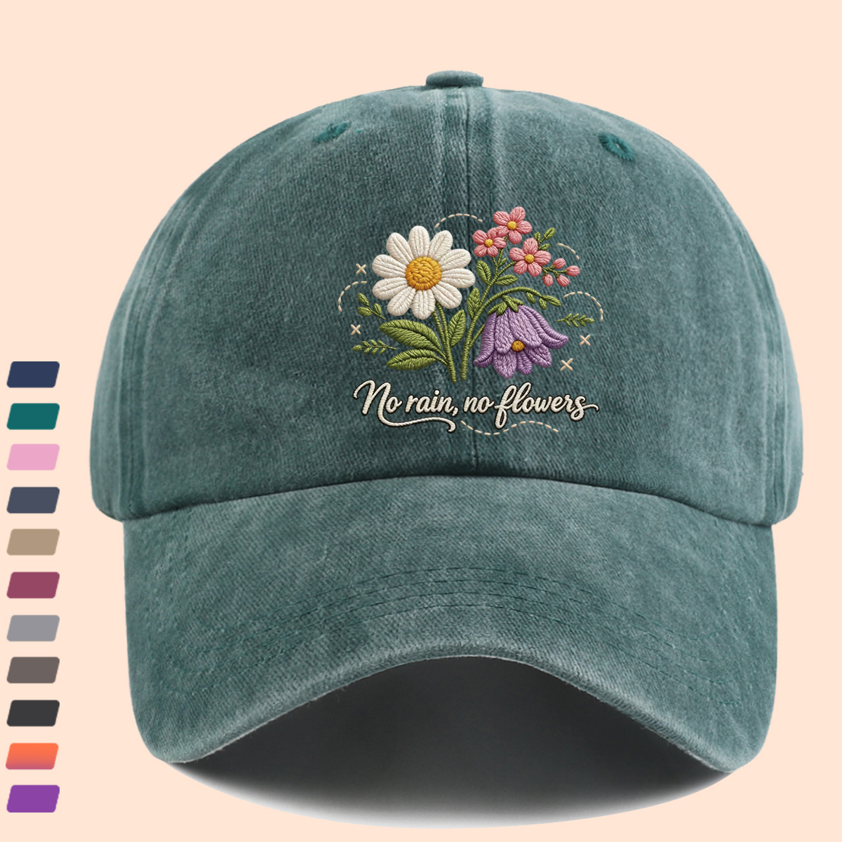TEMU 1pc "no Rain, No Flowers" Imitation Embroidery Flat Printed Baseball Cap, Embroidered Flower Pattern, Makes Look Slimmer When Worn. Suitable For