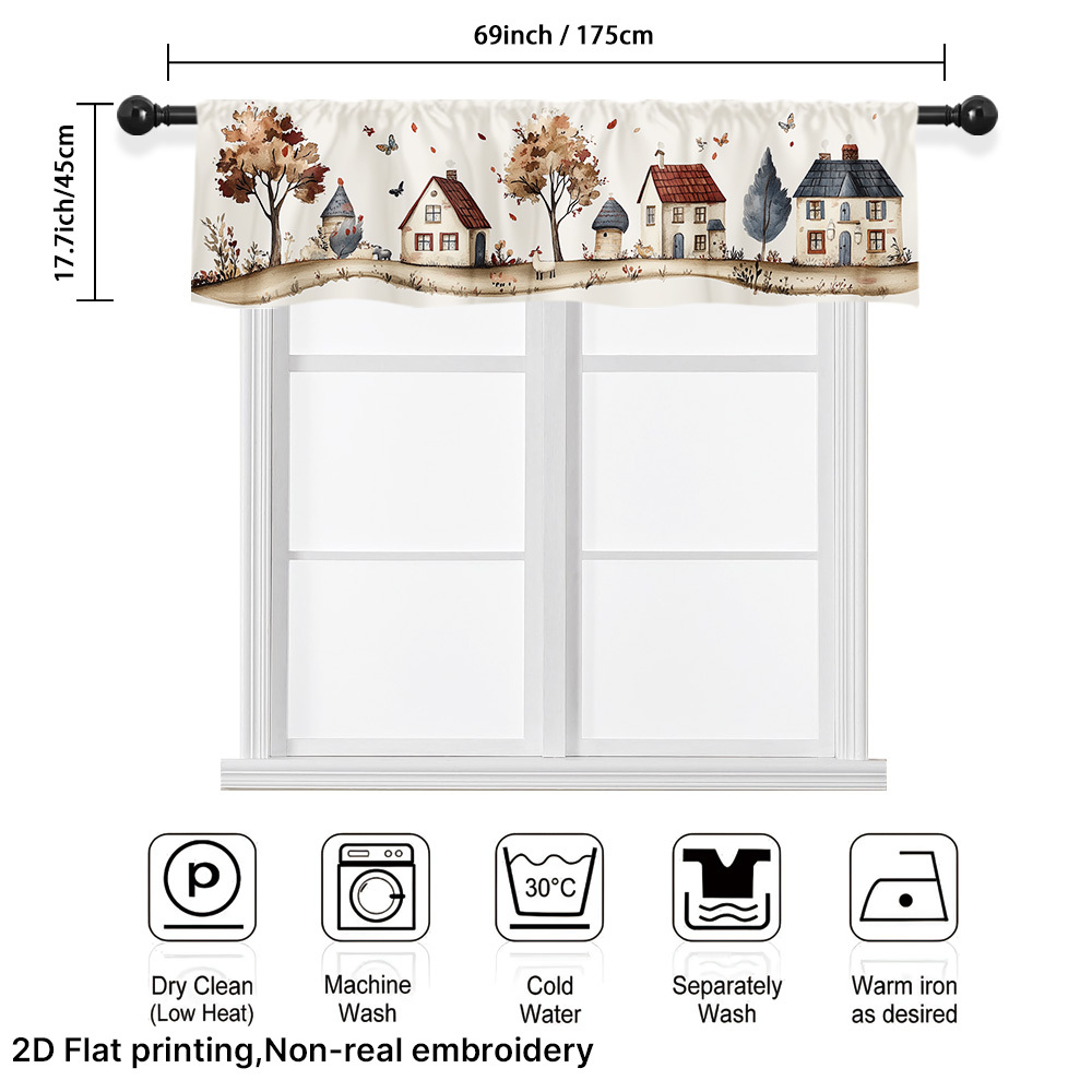 TEMU 2d Flat, 1pc Of Whimsical Small Village Houses Scene Printed Kitchen Short Curtains Featuring, With A Rod Pocket For Convenient Use, Perfect For