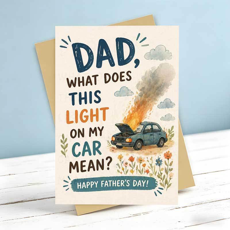 TEMU 1 Greeting Card + 1 Envelope Humorous Fathers Day Greeting Card, Broken Car With Smoke Illustration Featuring Dad What Does This Light On My Car