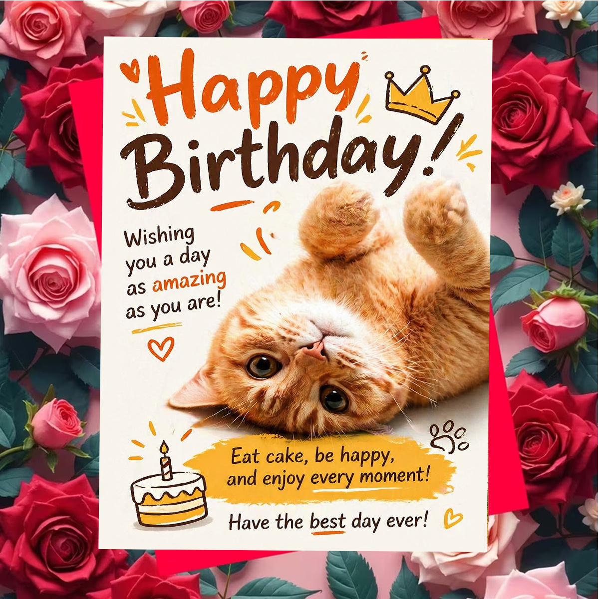 TEMU 1set (an Envelope And A Card) Adorable Ginger Cat Birthday Greeting Card, Happy Birthday Text, Cute Kitten Lying Down, , High Quality Paper, Red