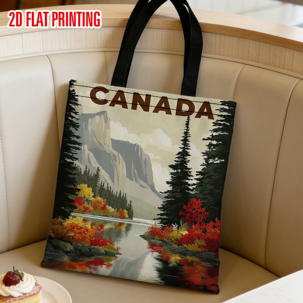 TEMU Sac 1 pièce avec effet plat 2D, illustration de forêt de montagne et de d'automne canadienne vintage avec grande lettre CANADA, grande capacité