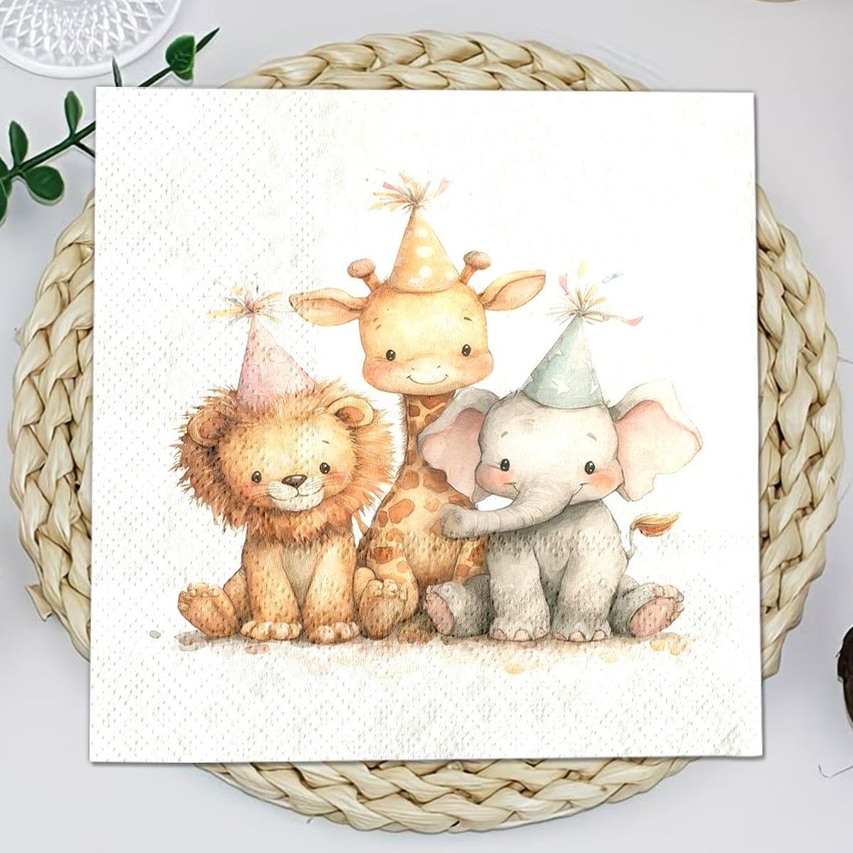 TEMU 20pcs Cartoon Lion, Giraffe, And Elephant Themed Party Napkins, Suitable For Halloween, Christmas, And Vintage Themed Parties. Used With Themed