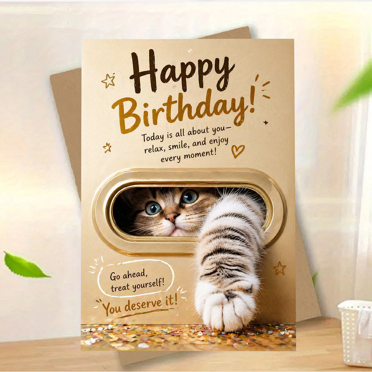 TEMU 1set (an Envelope And A Card) Adorable Fluffy Cat Birthday Greeting Card Featuring Happy Birthday Text, Cute Kitten Peeking Through A Slot, ,