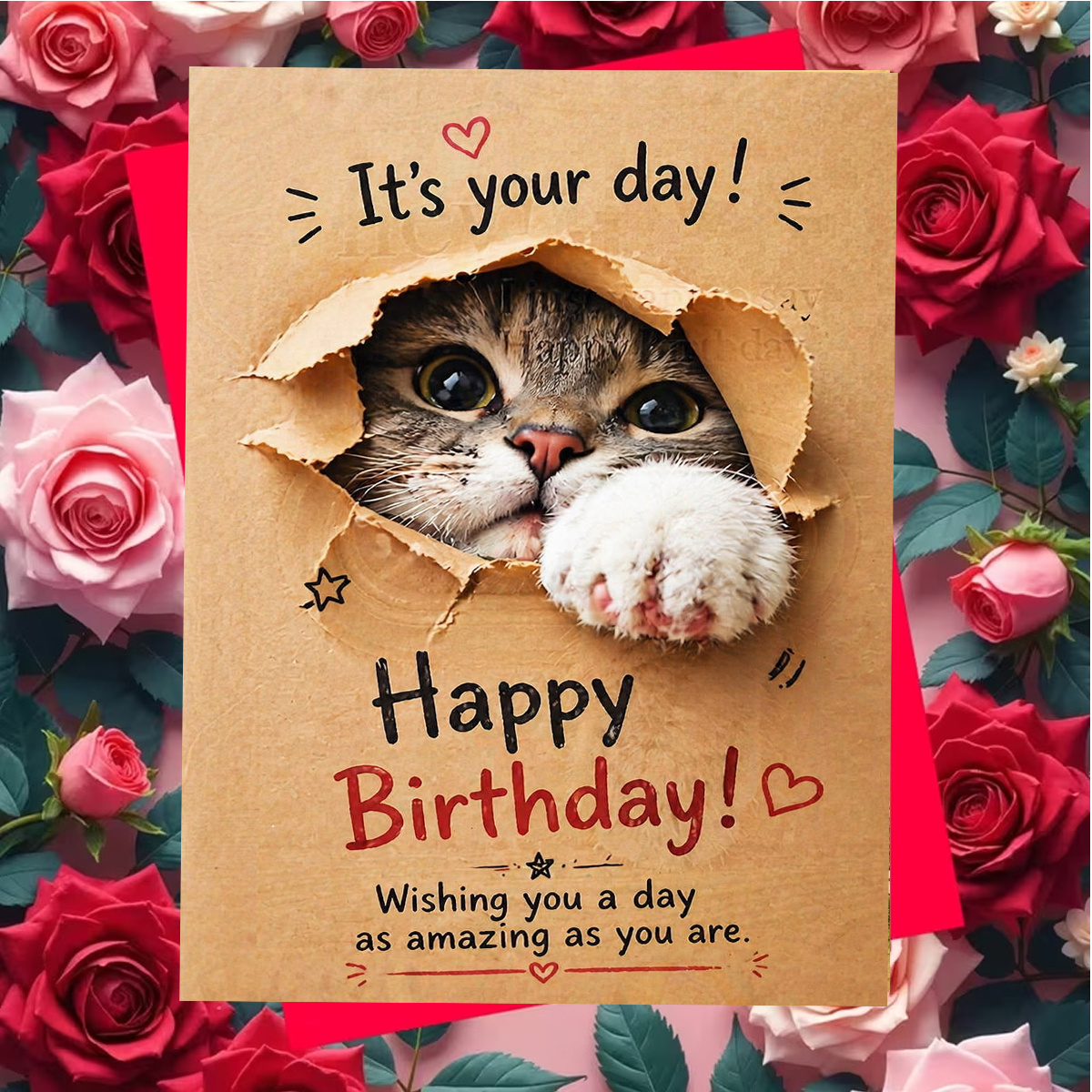 TEMU 1set(an Envelope And A Card) Adorable Fluffy Cat Birthday Greeting Card Featuring And Happy Birthday Text. Cute Kitten Peeking Through Paper For