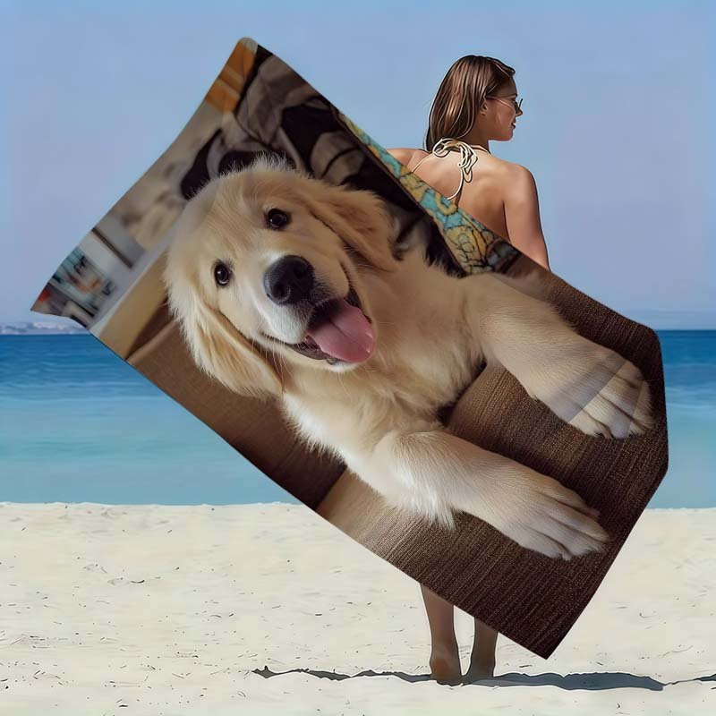 TEMU Golden Retriever's Smile Digital Pattern Beach Towel, Durable Quick-dry Absorbent Portable, Suitable For Outdoor Use, Lightweight Polyester