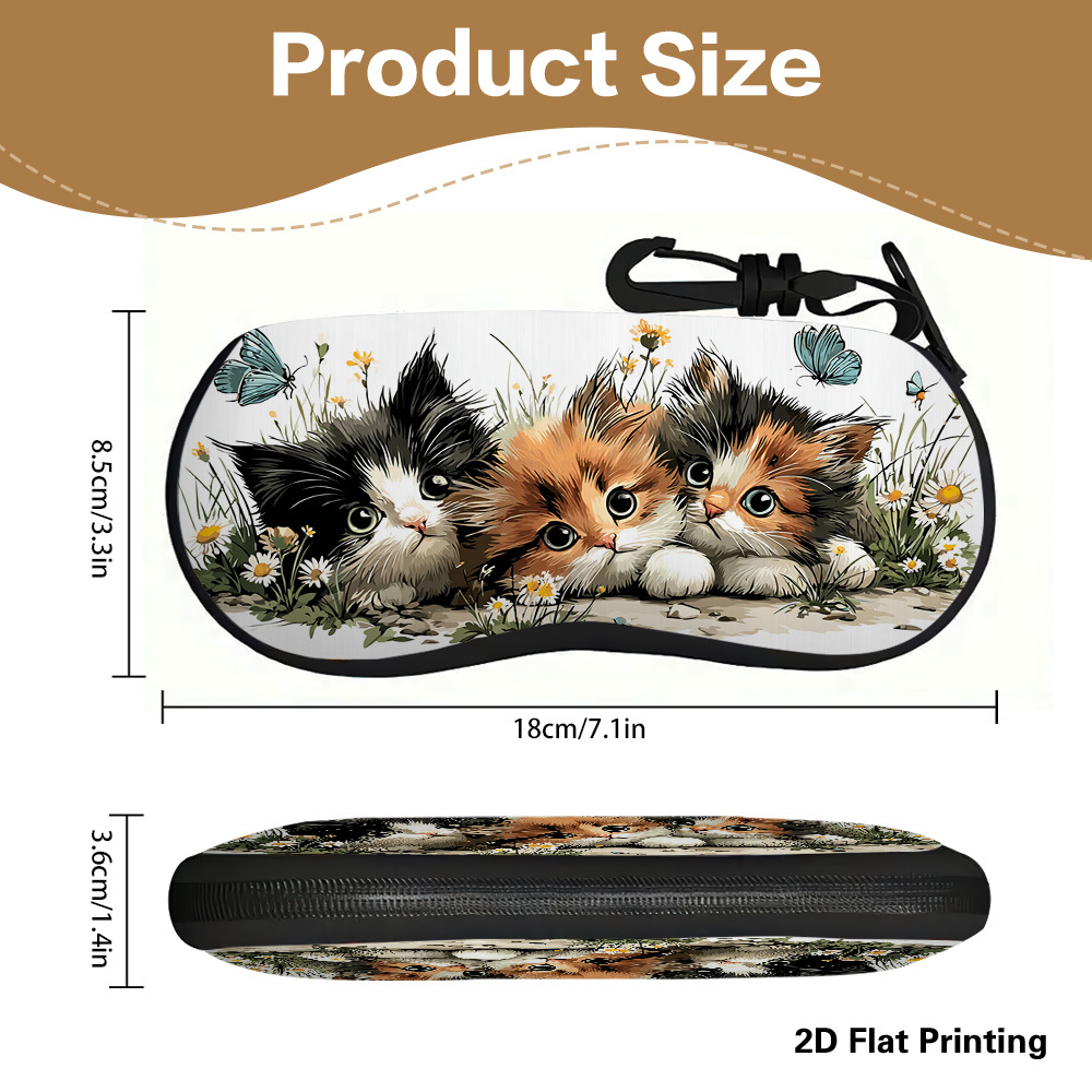 TEMU 1 pz Custodia per occhiali con zip, motivo piatto 2D con affascinanti, gattini e fiori , organizer per occhiali e per , per viaggi, trasporto ,