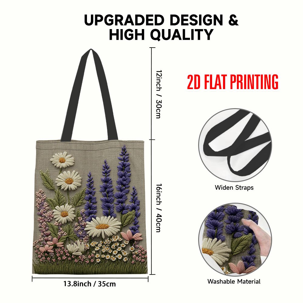 TEMU 1pc-2d Flat Floral Embroidery Pattern Canvas Tote Bag, Reusable Grocery Bags, Casual Multifunctional Double-sided Printed Handbag, Allowing Hand