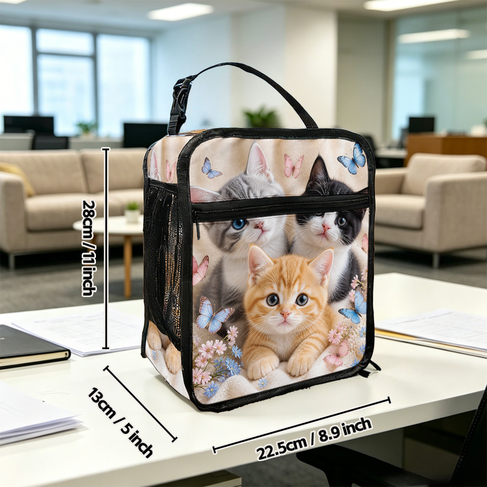 TEMU 2d Flat Printing, 1pc Cute Kittens With Butterflies Printed Lunch Bag, Insulated Cooler Bag For Construction Site, Field Work, Travel, Outdoor