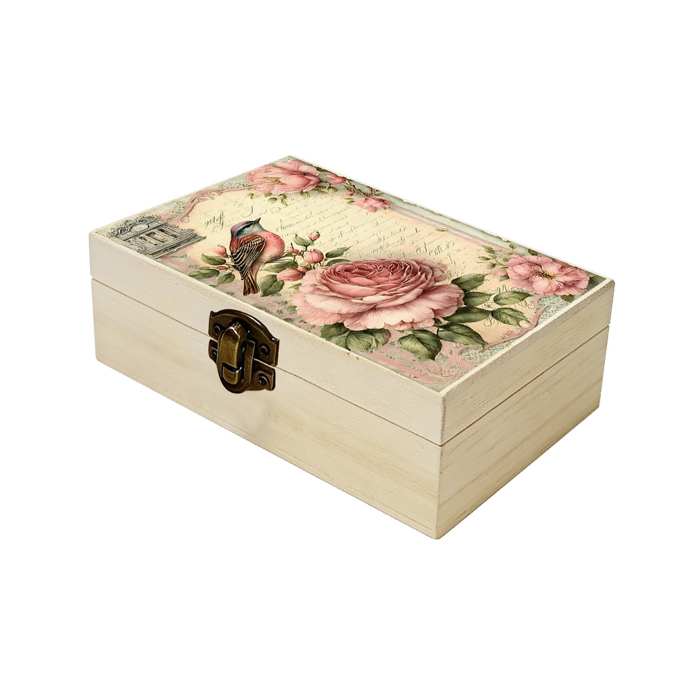 TEMU 1pc Wood Lockable Storage Box With Lockable Lid - Vintage Floral & Bird Keepsake Box Suitable For Jewelry Collection, Photo Storage, Trinket