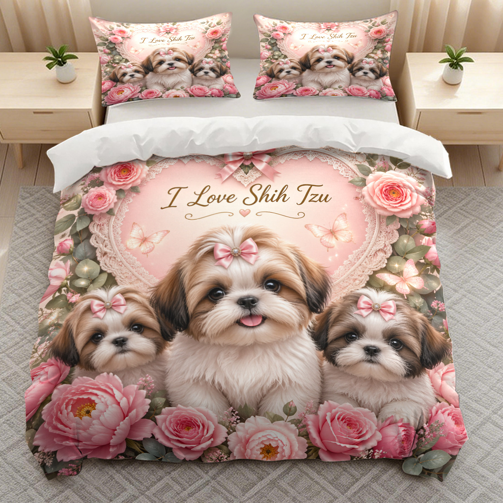 TEMU 3pcs I Love Shih Tzu Pattern Bedding Duvet Cover Quilt Cover, Trendy Soft Bedding (1*duvet Cover And 2*pillowcases) With Zipper Closure For