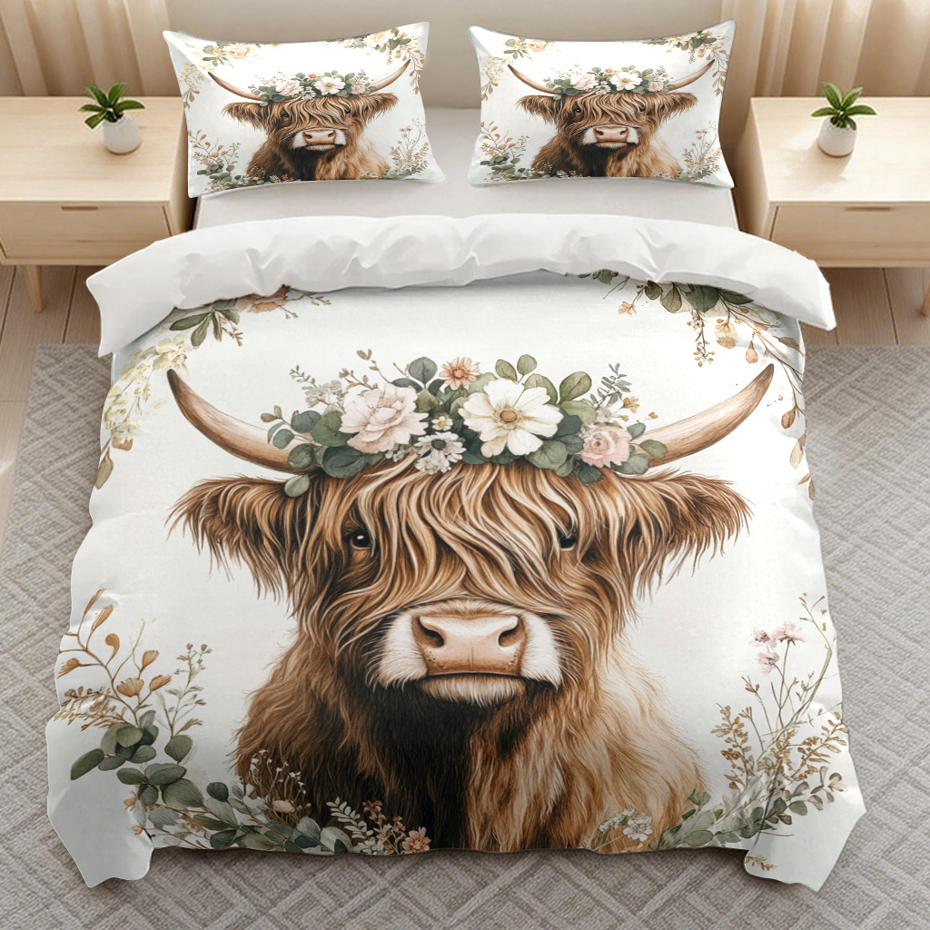 TEMU Highland Cow Themed 3pcs Bedding Quilt Cover Duvet Cover, Trendy Lightweight Soft Bedding (1*duvet Cover And 2*pillowcases) With Zipper Closure
