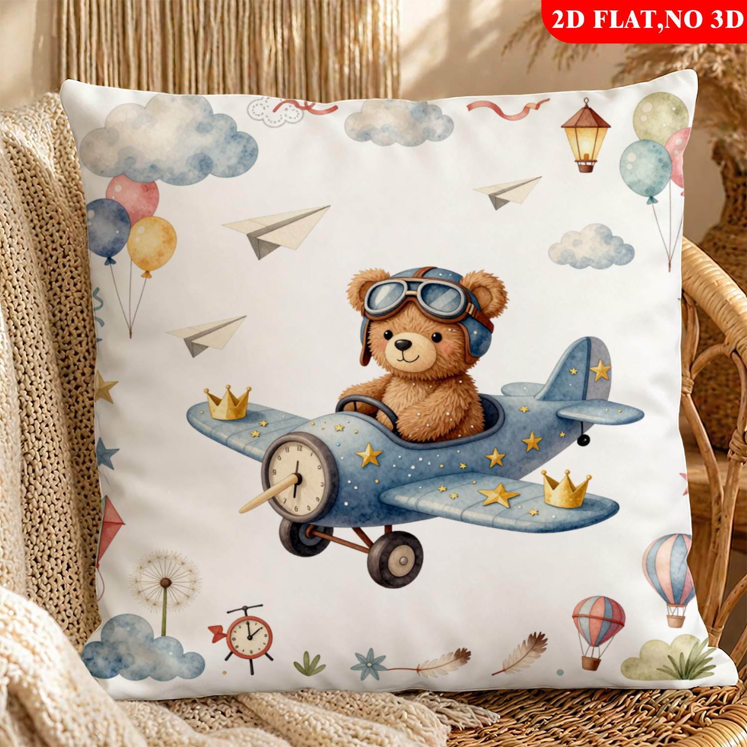 TEMU 1pc Throw Pillow(pillow Inserts Not Included), 2d Flat Print Product Style, Blue, Cute Bear Pilot Driving Airplane With Balloons Clouds Stars