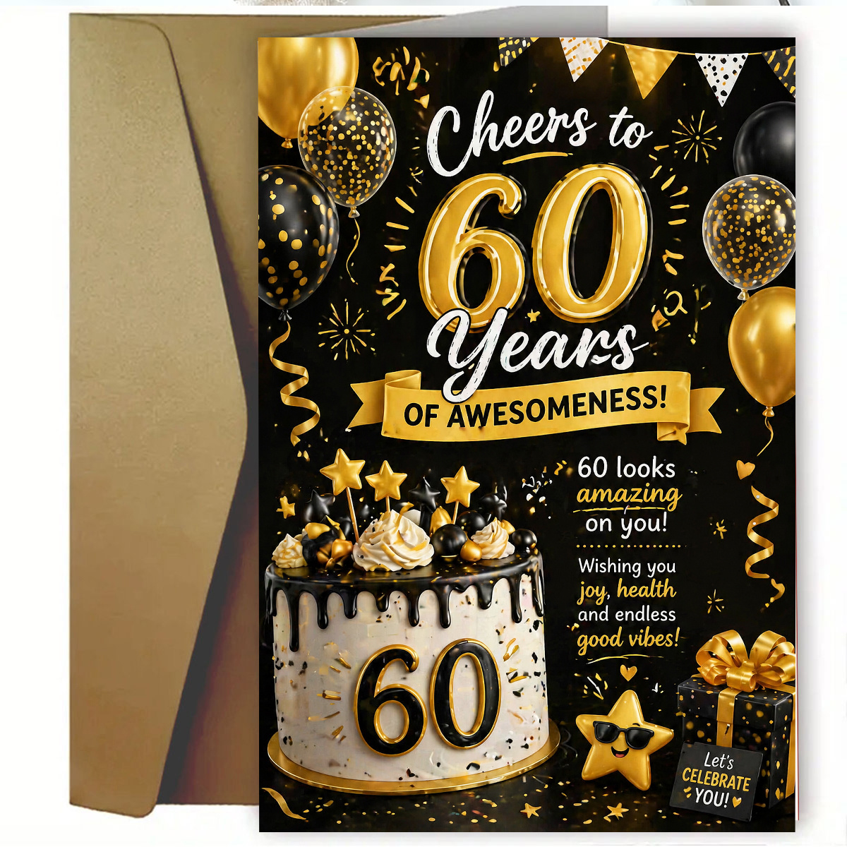 TEMU 1set(an Envelope And A Card) Luxurious Golden And Black 60th Birthday Greeting Card, Featuring Cheers To 60 Years Of Text, Elegant Cake And