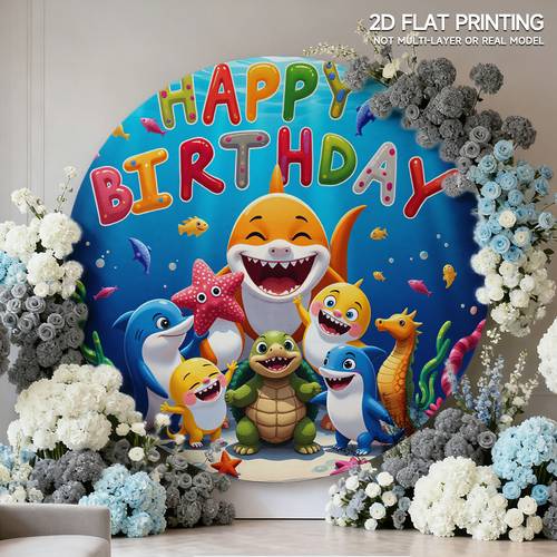 imagem do item 2d, banner 2d, 1pç capa elástica redonda para suporte de com estampa de tubarões de desenho animado coloridos e cena de aniversário, para chás de bebê, aniversários, casamentos e festas - durável, decoração de festa | decoração de festa | decoração de