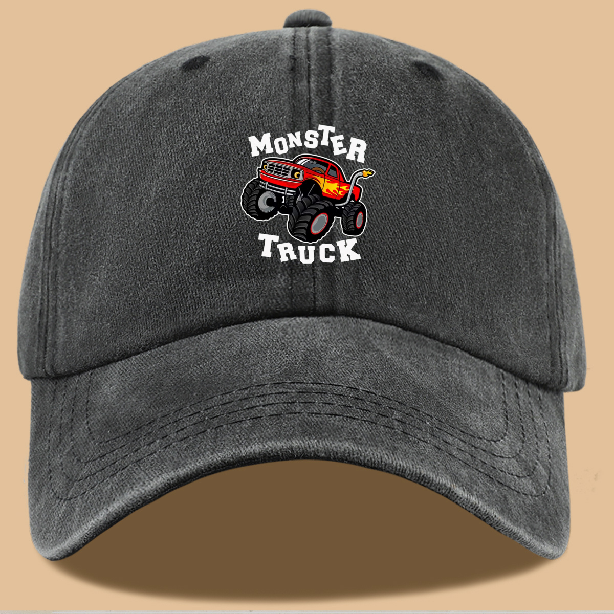 TEMU 1pc Monster Truck Themed Baseball Cap For & - Adjustable Snapback Hat With Flame Truck Print, Closure, Lightweight Unisex Cap Suitable For