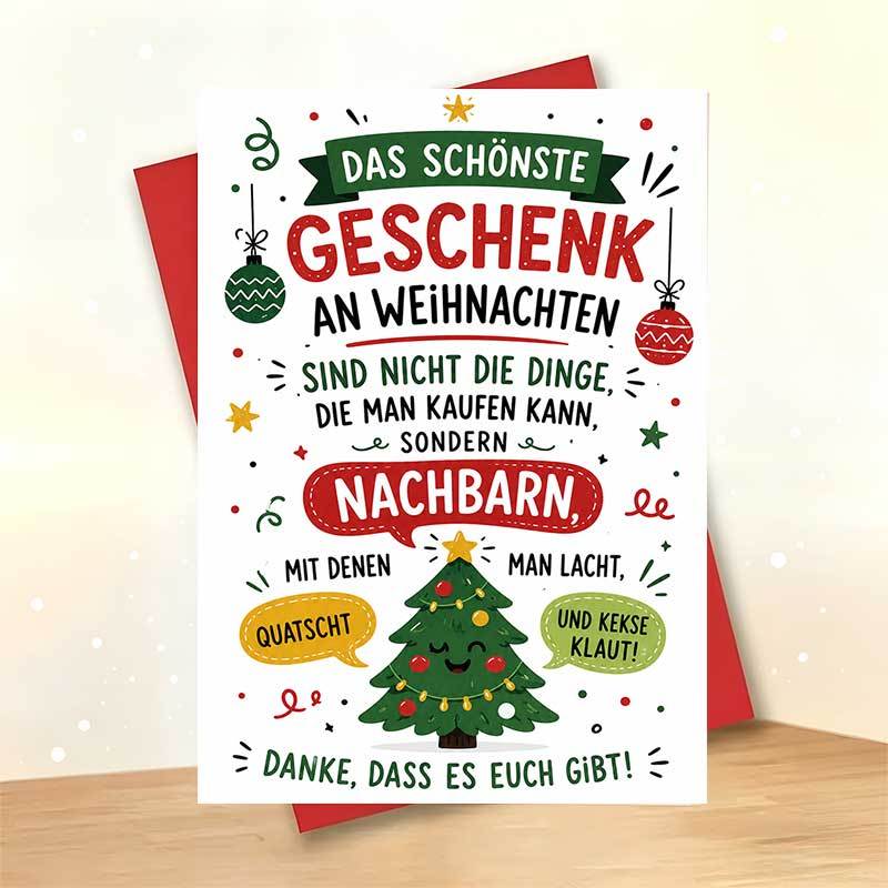 TEMU Grüßkarte + 1 Umschlag, herzliche Weihnachtsgrüßkarte mit einem niedlichen Baum und festlichen Ornamenten mit dem Text " Geschenk ist, dass man
