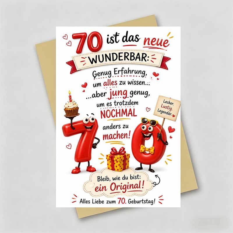 TEMU 1 Greeting Card And 1 Envelope Vibrant Birthday Greeting Card, Funny Cartoon Numbers Holding Cupcake And Sign "70 Is Wonderful", Suitable For ,