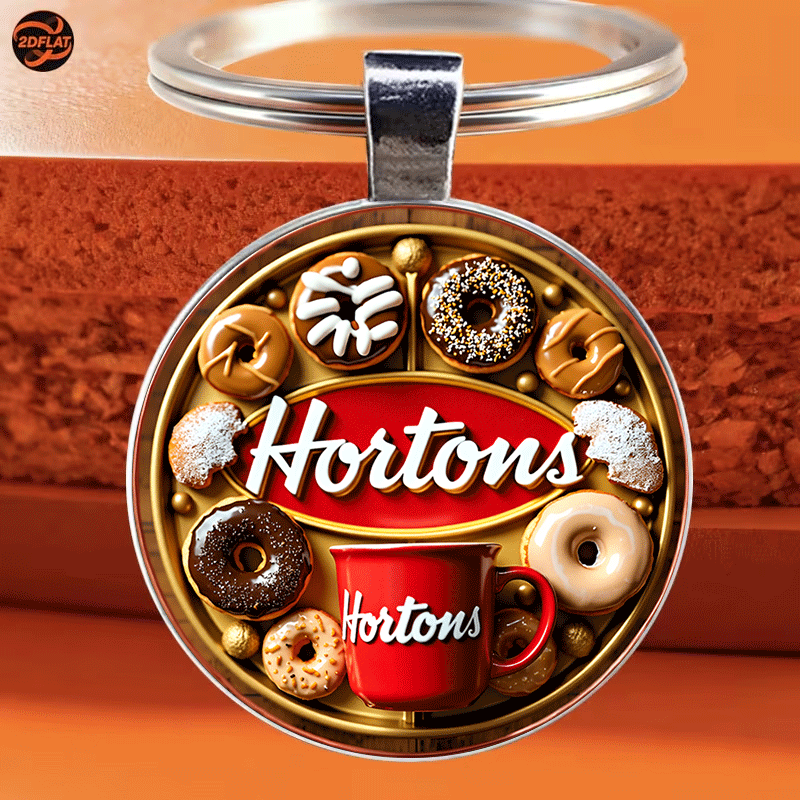 TEMU 1 Porte-clés rond, Porte-clés sur le thème de Tim , Logo rouge et doré avec divers de donuts, Accessoire élégant et stylé, Convient aux clés de