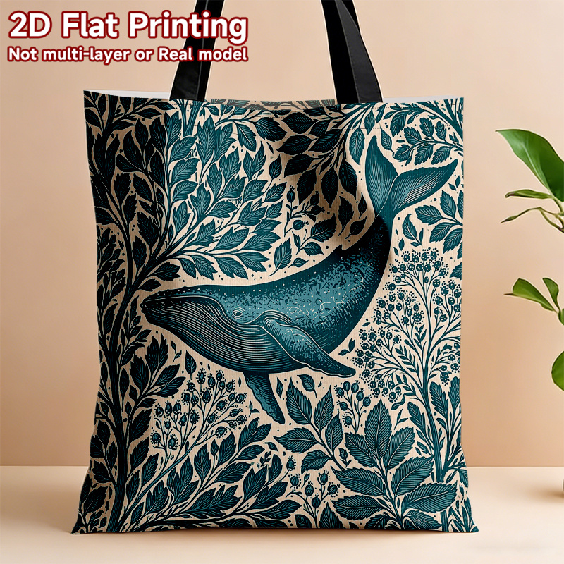 TEMU 1pc, 2d Flat, Whale Plant Theme Tote Bag, Fashionable And Beautiful, Large Capacity, Whale Plant