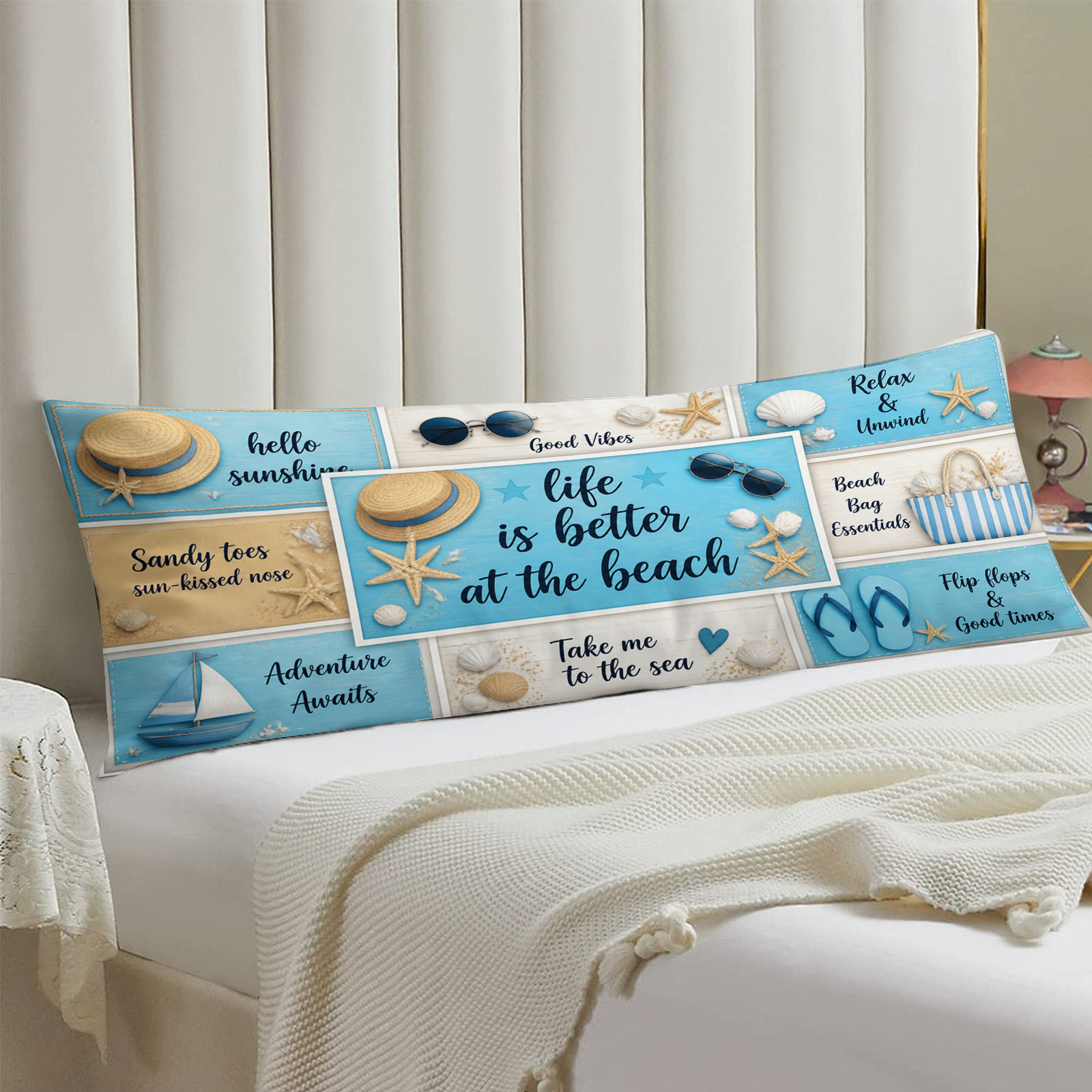 TEMU 1pc Large Beach-themed Body Pillow Case Suitable For Bed Sofa Couch - Soft Comfortable Decorative Long Bed Pillow Cover With Beach Patterns,