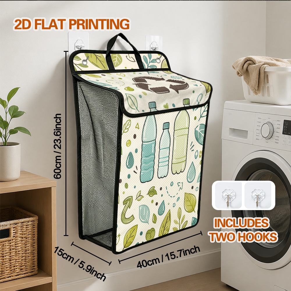 TEMU 2d Flat, 1pc Recycling Bottles Leaf Print, Wall Mounted Collapsible Dirty Laundry Storage Bag With Lid And Hooks, Large-capacity Space- Mesh