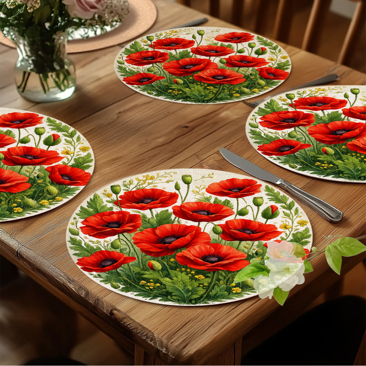 TEMU 4pcs Red Poppy Flower Placemats Suitable For Daily Use, Decoration, Parties & Picnic - Round Table With Poppy Print, Machine Washable Polyester