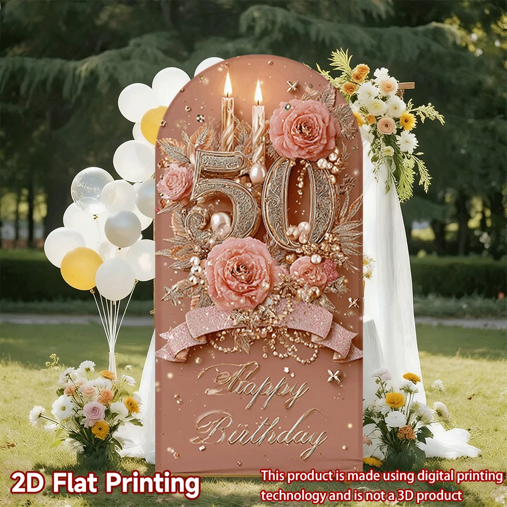 item picture 2d flat 2d flat 1pc 2d flat printing printed arched background fabric golden 50th birthday celebration decorations polyester   polyester fabric elastic background banner suitable for wedding decorations birthday